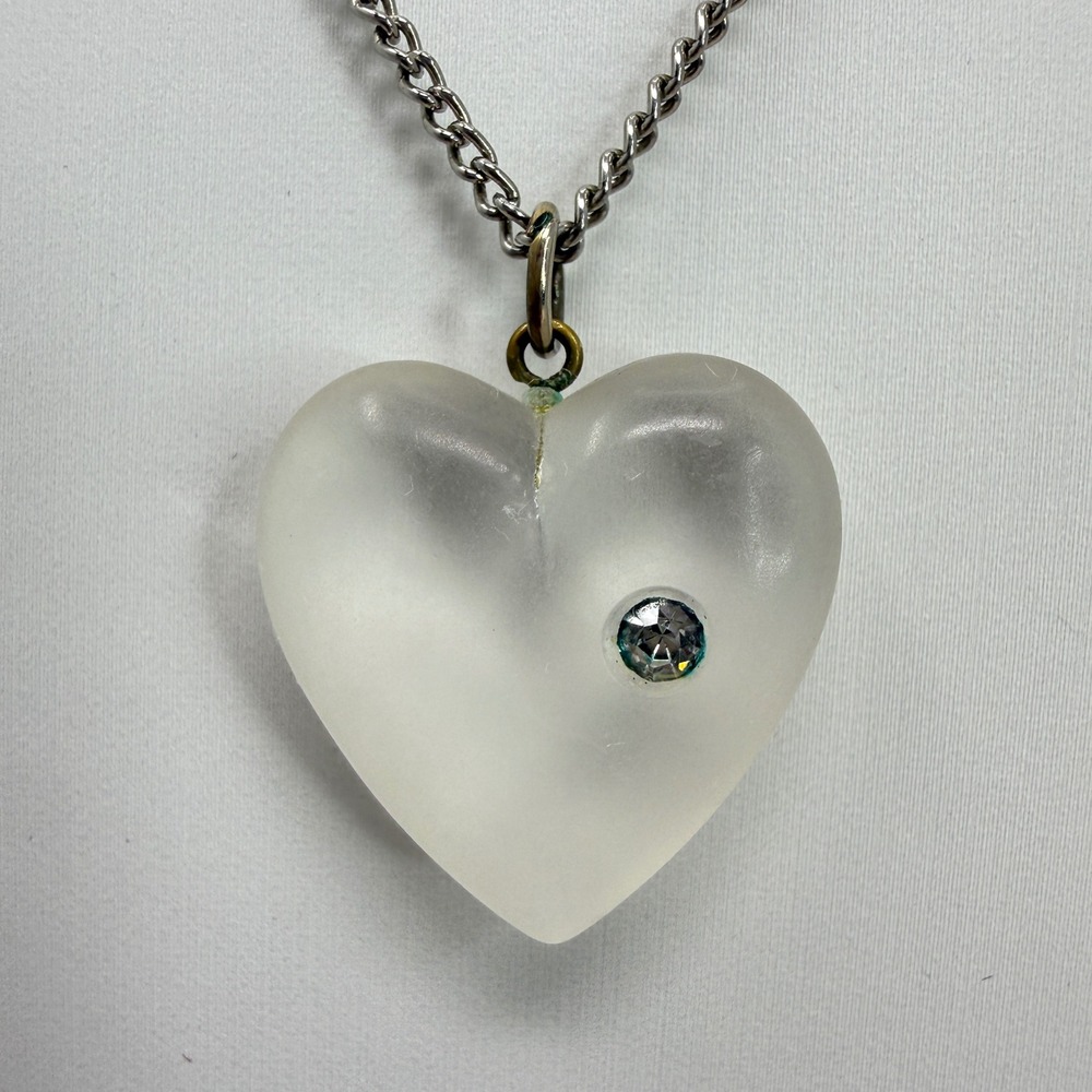 Frosted Heart Pendant Necklace Crystal Accent Silver Tone Chain‎